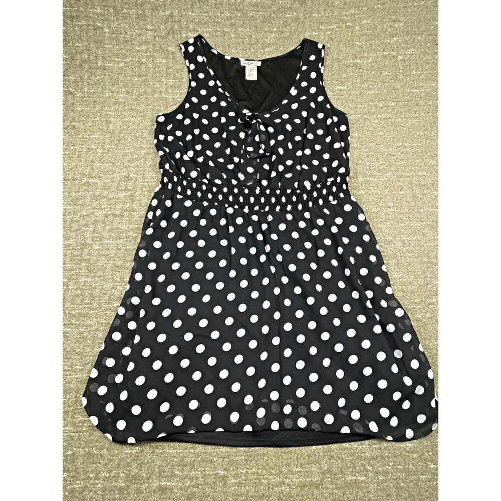 Love Sunshine Plus Size 2X Black White Polka Dot Chiffon V-Neck Lined Dress